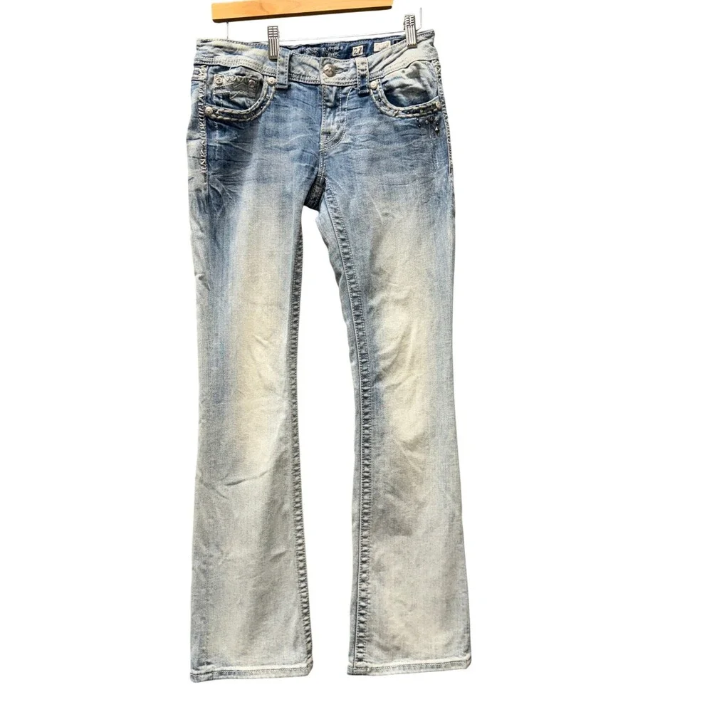 Miss Me Jeans Womens 27 (29x33 ACTUAL) Bootcut Faded Wash Embellished Blue Denim